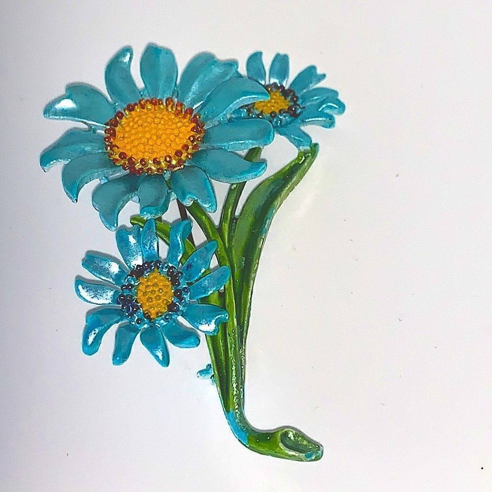 Vintage blue metallic enamel floral brooch pin- mid century